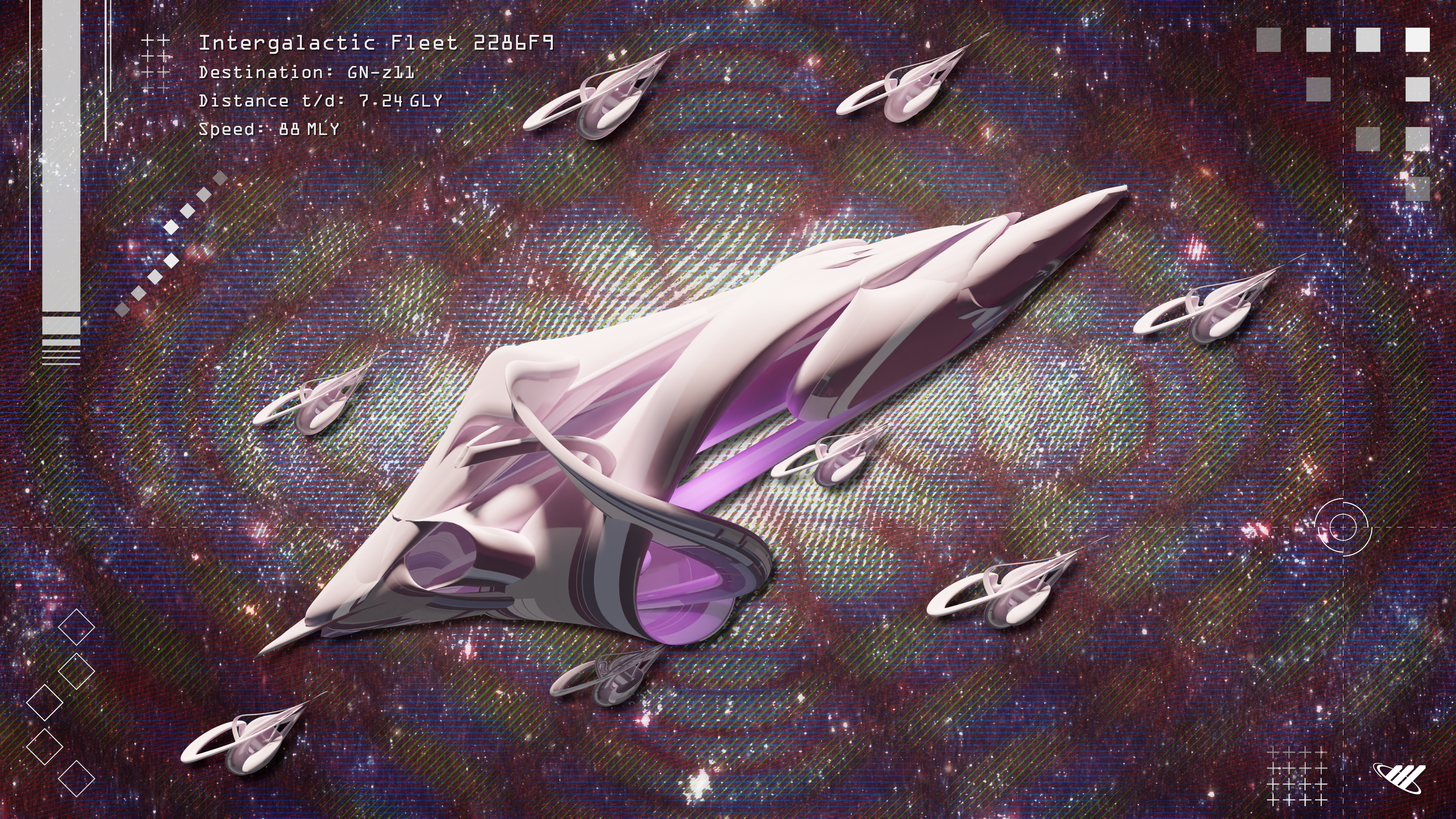 Pink-white fleet of spaceships moving trough space.