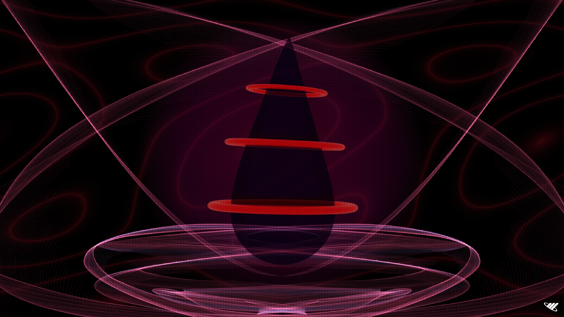 Black tear surrounded by red rings and pink-purple without text.