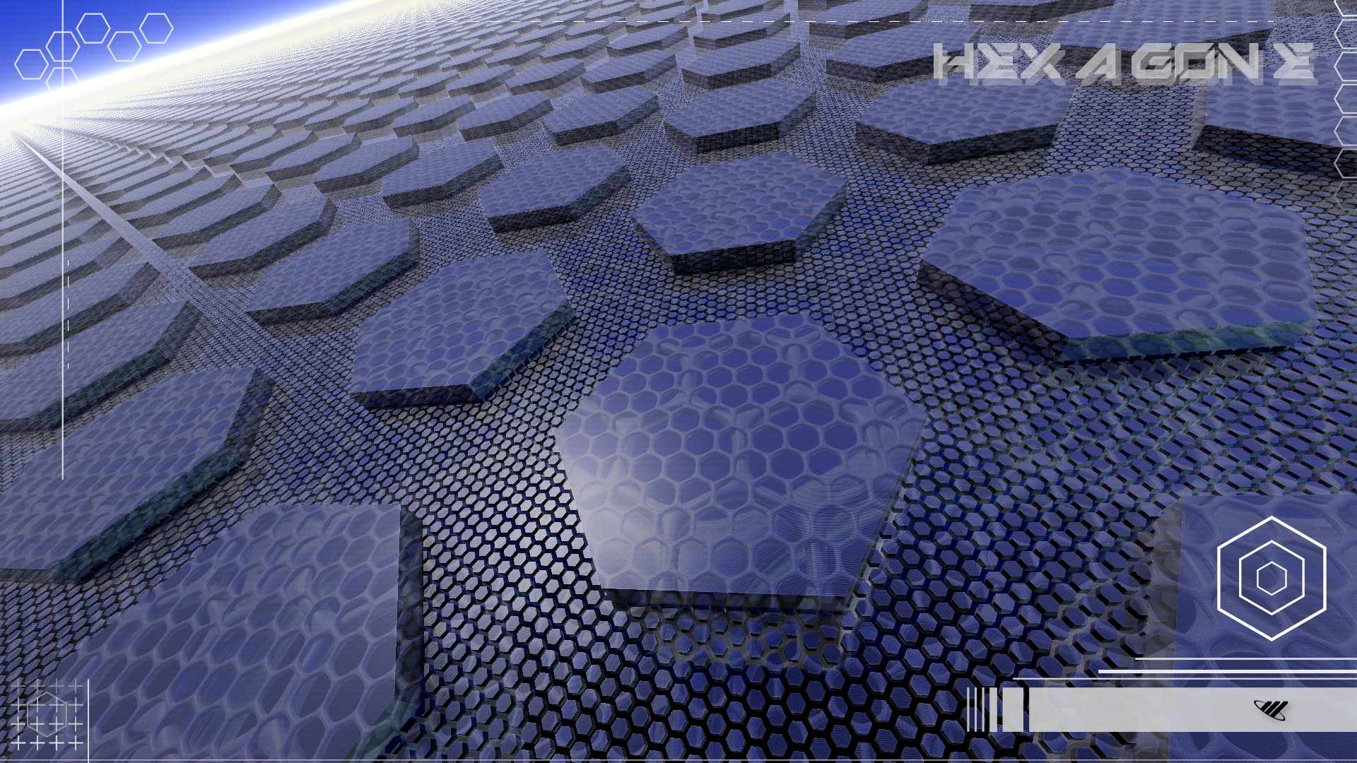 Hexagons with smaller hexagons around it. Top right text says hex-a-gon-e.
