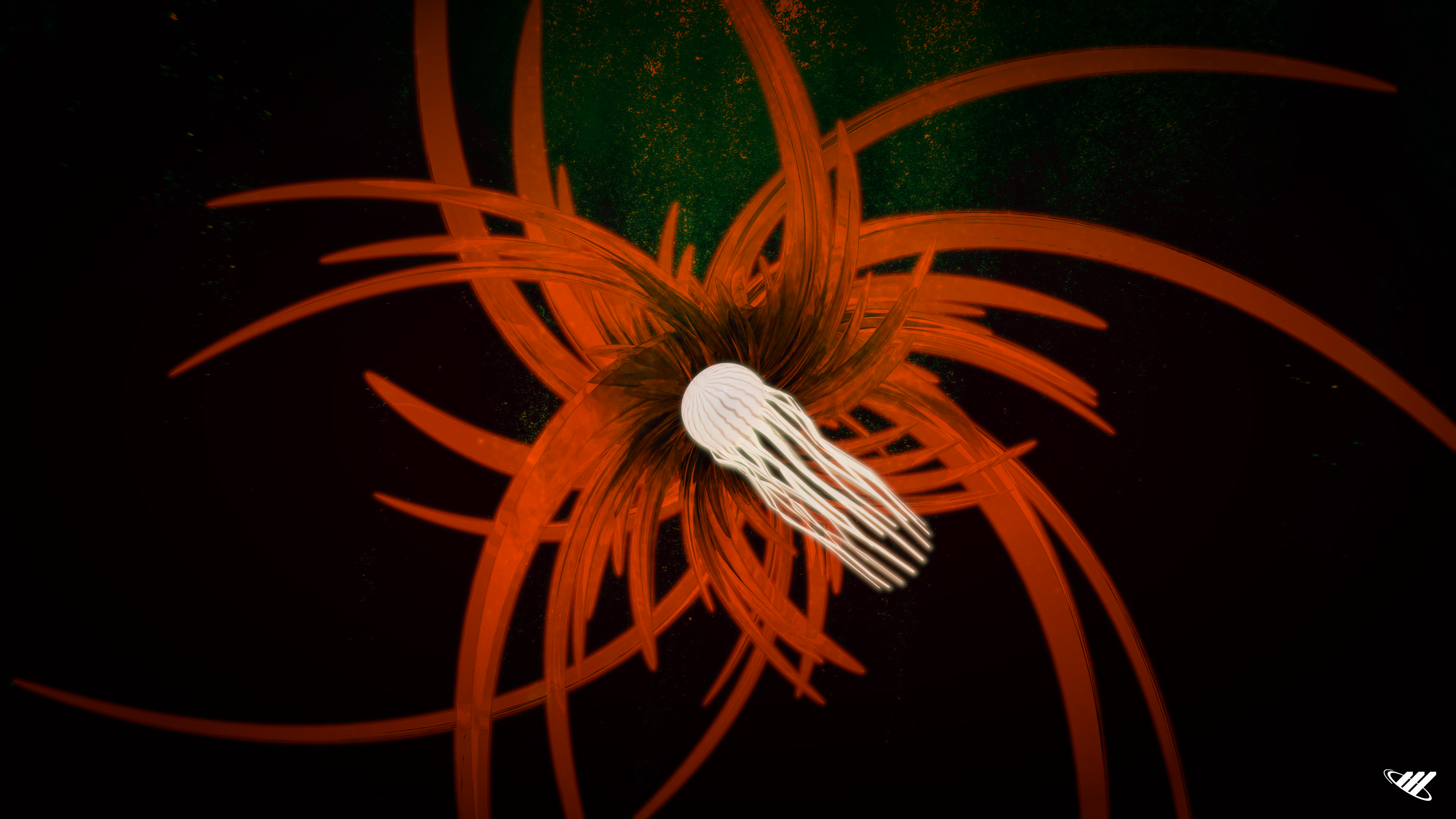 Jellyfish under water in front of orange spirals.