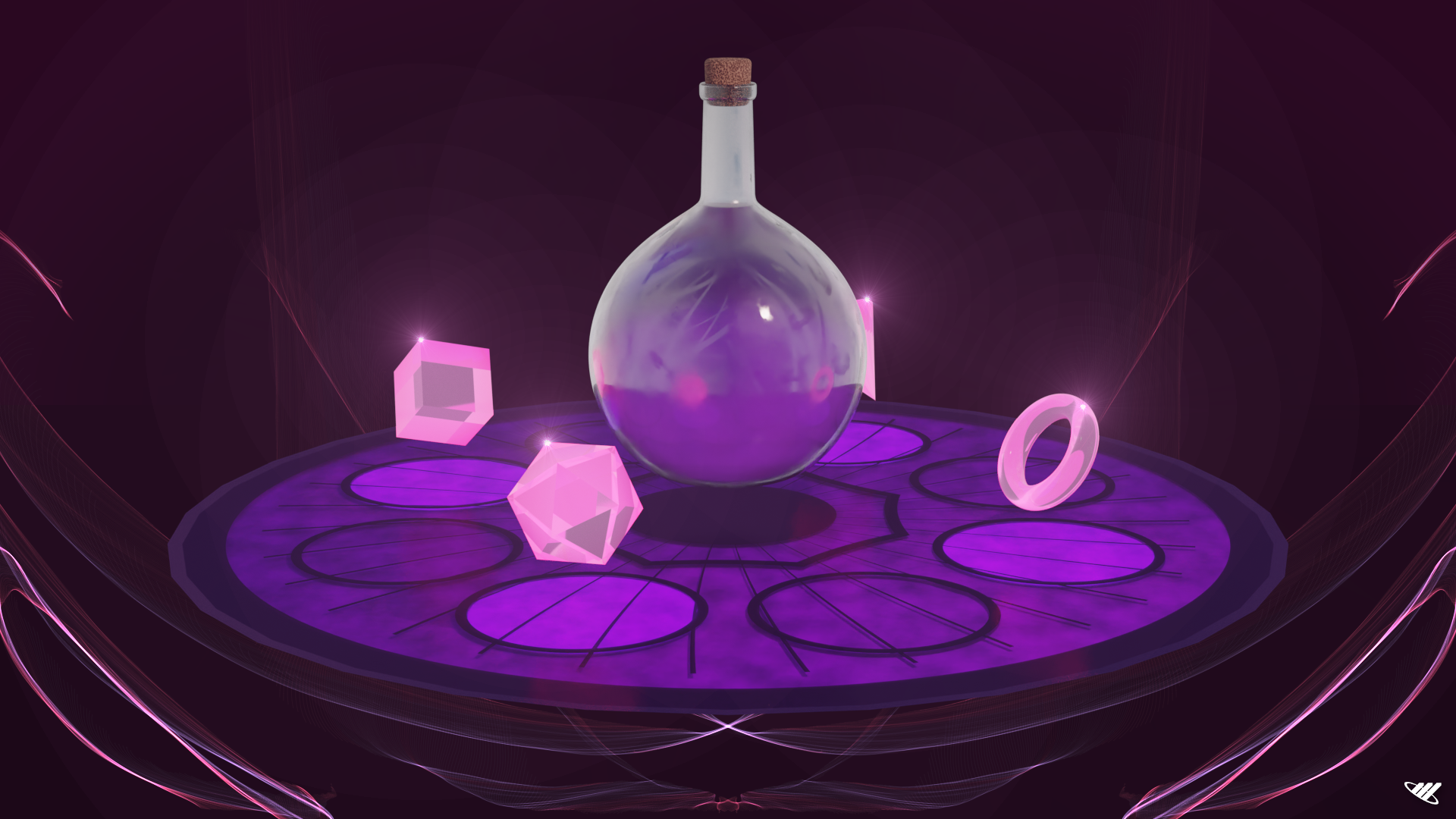 Potion floating above a magic circle around artifacts