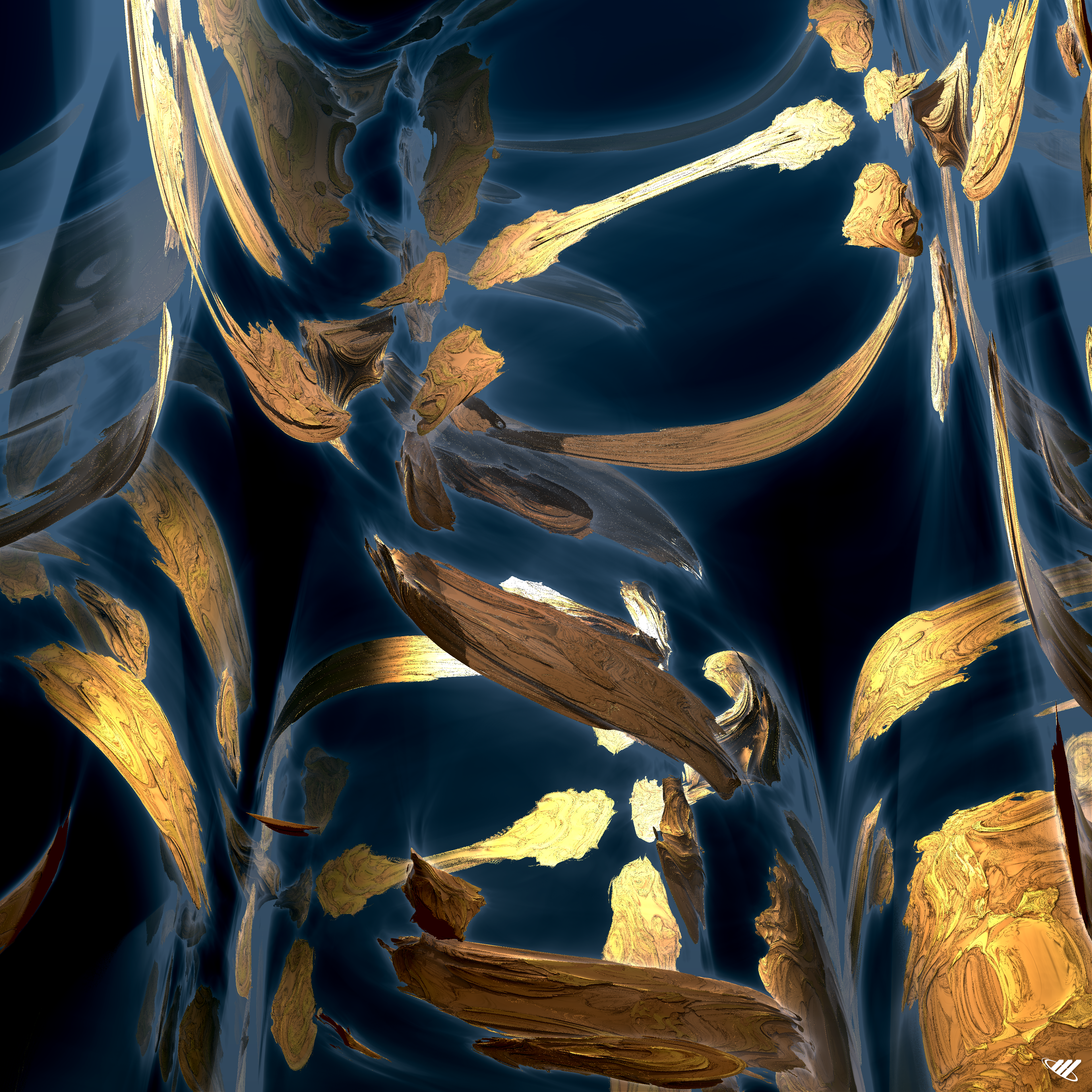 Gold Leaf suspended in water fractal render.
