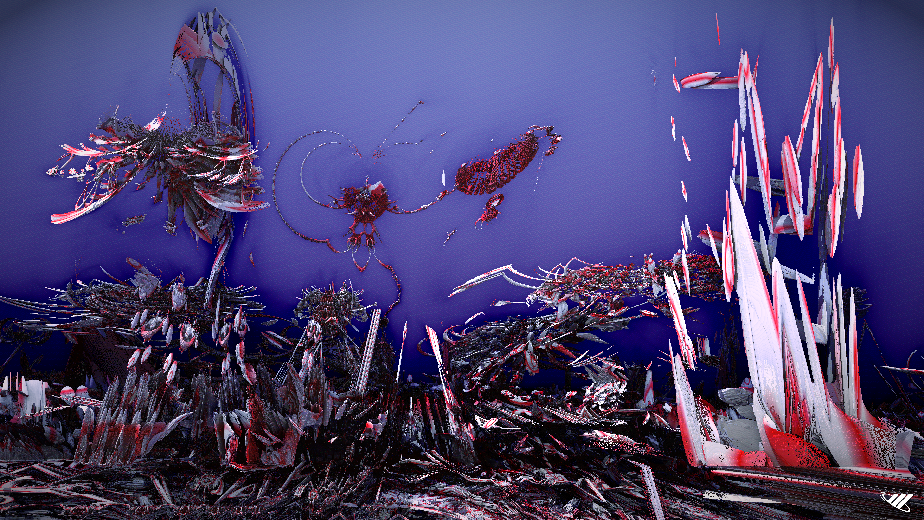 Hellish fractal landscape in white, red and purple.